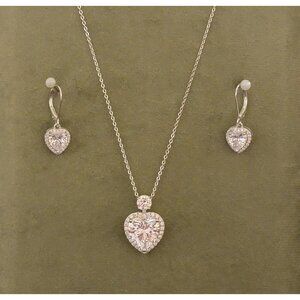 925 Sterling Silver CZ Heart Necklace and Leverback Earring Set NWT